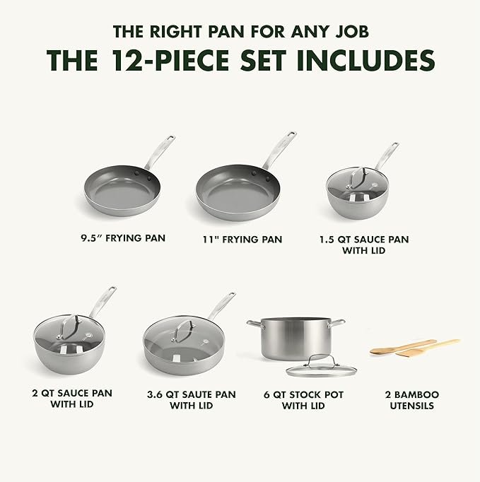 GreenPan Chatham Tri-Ply Stainless Steel 12 Piece Cookware Pots and Pans Set, PFOA and PFAS-Free, Multi Clad, Induction, Fry Saute Sauce Pans, Stock Pot, Dishwasher Safe, Oven & Broiler Safe, Silver