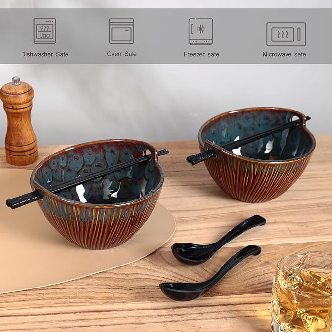 Ceramic Ramen Bowl with Chopsticks,6.7 Inch Noodle Bowls,Pho Bowls and Spoons Set,Japanese Bowl for Pho,Udon,Soba,Noodle,Microwave Safe,Set of 2(Peacock Green)