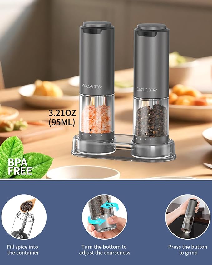 CIRCLE JOY Rechargeable Electric Salt and Pepper Grinder Set with Base, Aluminum Alloy Pepper Mills with 95ml Container, White LED Light and External Adjustable Coarseness, Space Grey