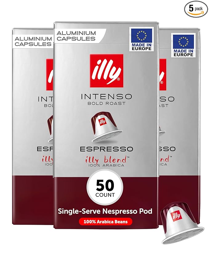 illy Aluminum Espresso Capsules - Compatible with Nespresso Machines - Intenso Bold Roast Coffee- Full of Flavor - Notes of Cocoa and Dried Fruit - Single Serve Capsules - 10 Count (Pack of 5)