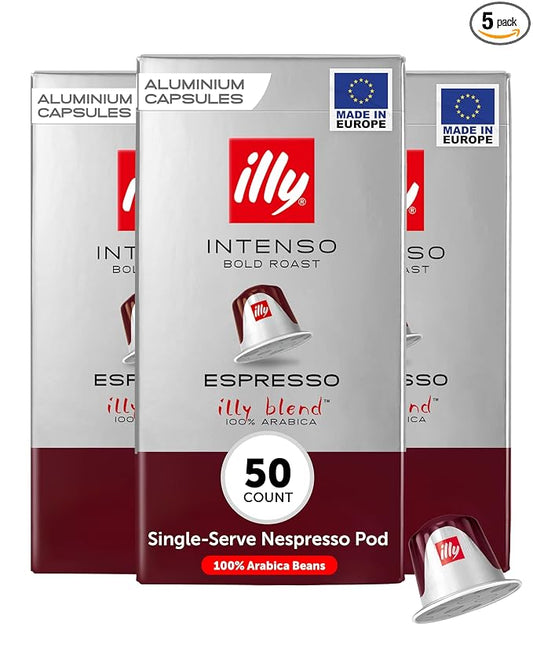 illy Aluminum Espresso Capsules - Compatible with Nespresso Machines - Intenso Bold Roast Coffee- Full of Flavor - Notes of Cocoa and Dried Fruit - Single Serve Capsules - 10 Count (Pack of 5)