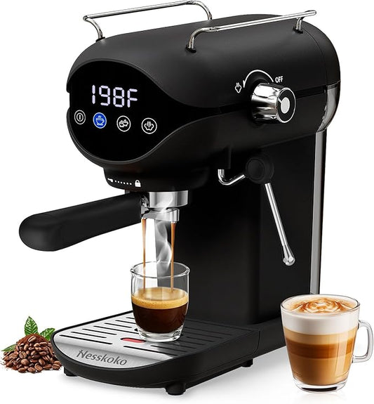 Espresso Machine with Steam Milk Frother Semi Automatic 20 Bar Compact Black with Touch Screen for home Cafetera Espresso, Latte, Cappuccino, Americano, Macchiato