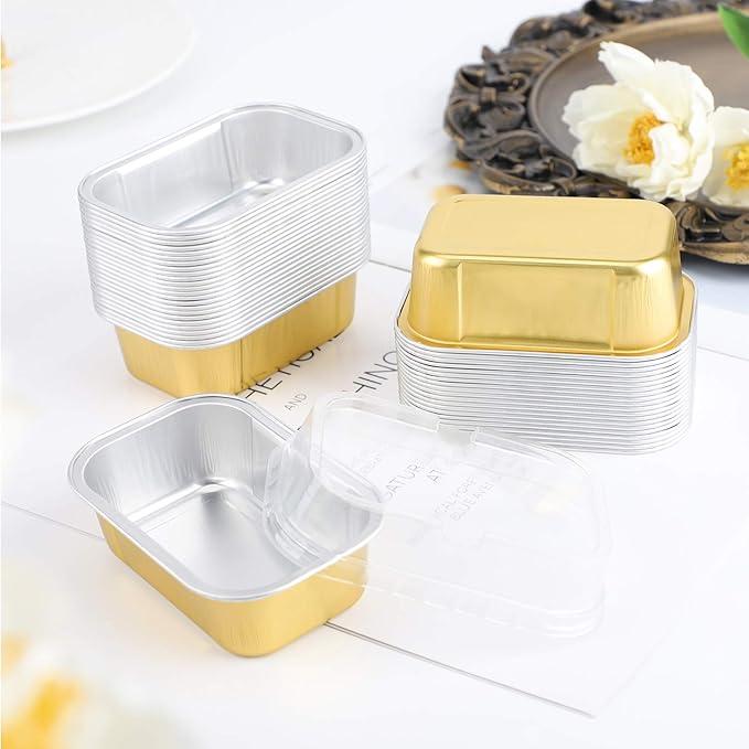 EUSOAR Baking Cups Aluminum Foil, 5.7oz 50pcs Reusable Cupcake Cups with Lids, Pie Ramekins, Creme Brulee Cup, Custard Cake Pudding Cup, Catering Party Favor-Gold