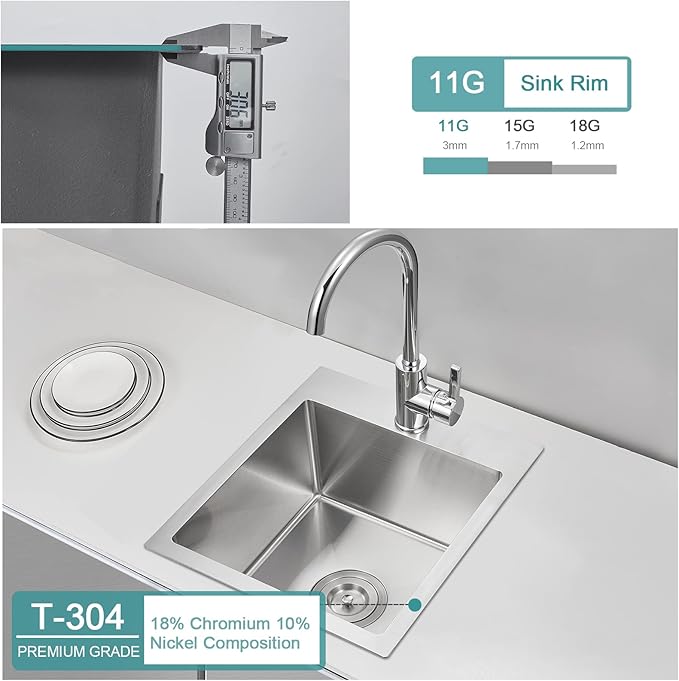 15 inch Bar Sink, KINKIB Drop in Topmount Bar Sink or Prep Kitchen Sink, Handmade Single Bowl T-304 Stainless Steel Small Overmount Kitchen Sink with Basket Strainer