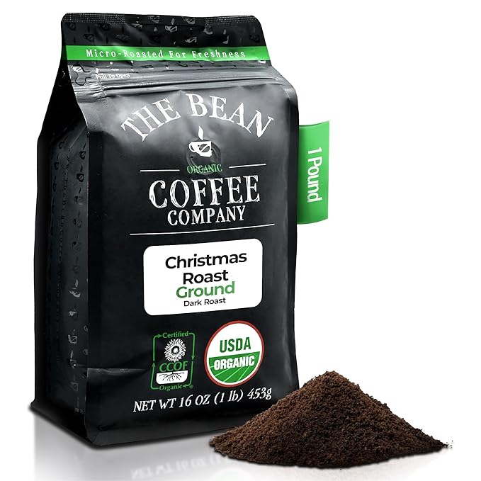 The Bean Organic Coffee Company Christmas Roast, Dark Roast, Ground Coffee, 16-Ounce Bag,Café molido tostado organico