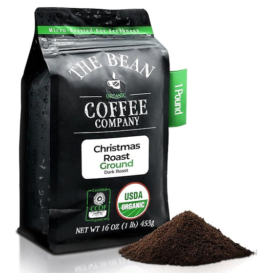 The Bean Organic Coffee Company Christmas Roast, Dark Roast, Ground Coffee, 16-Ounce Bag,Café molido tostado organico