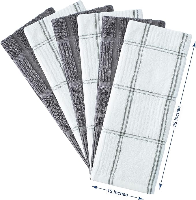 CRAFTSWORTH Kitchen Towels, 15 x 26 Inches, Pack of 6, 400 GSM, 100% Ring Spun Cotton, Grey Combo Windowpane Dish Towels Super Soft and Absorbent, Tea Towels and Bar Towels
