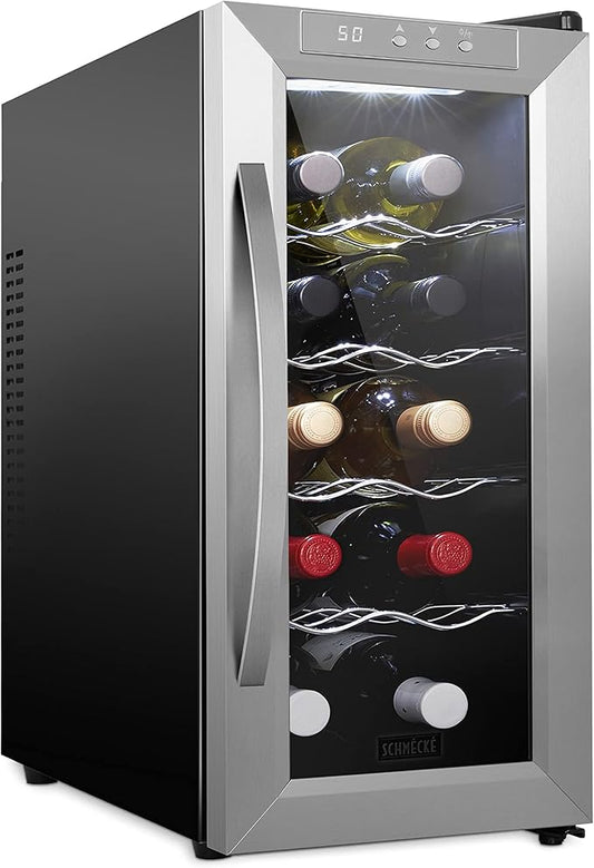 SCHMÉCKÉ 10 Bottle Thermoelectric Wine Cooler/Chiller - Stainless Steel - Counter Top Red & White Wine Cellar w/Digital Temperature, Freestanding Refrigerator Smoked Glass Door Quiet Operation Fridge