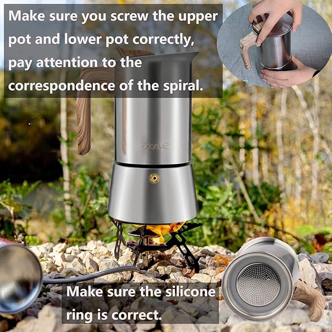 Sivaphe Stainless Steel Stovetop Espresso Coffee Maker, 6cups Espresso pot, 300ml Moka Campaing Coffee Pot, Induction Italian Mocha Pot with Step-by-step Instructions(1 Cup=50ml)