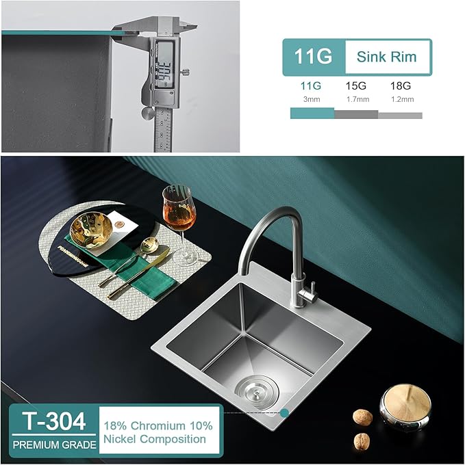 18 inch Drop-in Kitchen Sink, Small Topmount Kitchen Sink Single Bowl, Overmount 304 Stainless Steel Kitchen Bar Sink Handmade with Basket Strainer