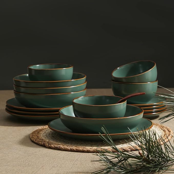 Stone Lain Brasa Modern Stoneware 16 Piece Dinnerware Sets, Plates and Bowls Sets, Dish Set for 4, Green