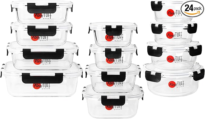 24pcs Set Food Storage Containers (12 Airtight & 12 Lids) | Glass Meal Prep Containers | Lunch Box | BPA Free, Leakproof Lids, Dishwasher, Microwave & Freezer Safe for Kitchen