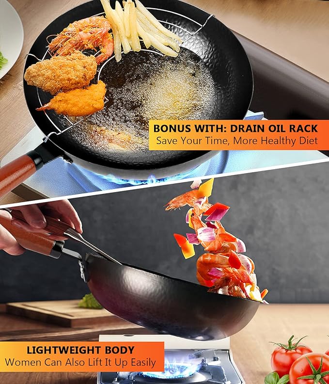 Carbon Steel Wok Pan, 14 Piece Woks & Stir-Fry Pans Set with Wooden Lid Cookwares, No Chemical Coated Flat Bottom Chinese Pan for Induction, Electric, Gas, Halogen All Stoves - 12.6''