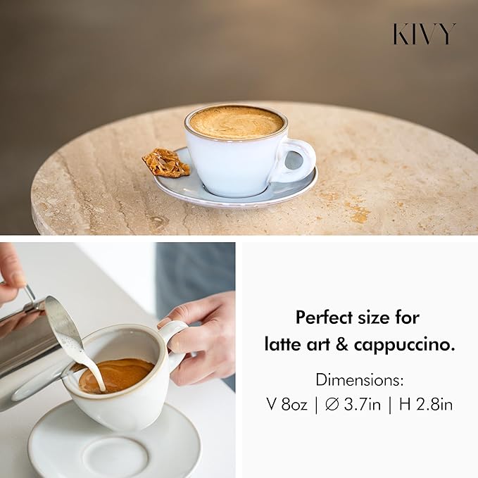 KIVY Cappuccino cups [4x 8oz] - Thick-walled stoneware cappuccino cup set for latte art - Latte mugs - Latte cup set - Small coffee cups - Latte art cup - Ceramic latte cup and saucer set of 4