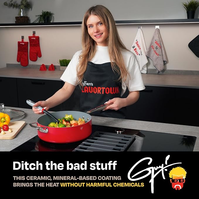 Guy Fieri's Flavortown 11-Piece Ceramic Cookware Set, Nonstick Pots and Pans for Cooking, Made without PFAS PTFE PFOA, Oven Safe, Dishwasher Safe, Easy to Clean Everyday Cookware