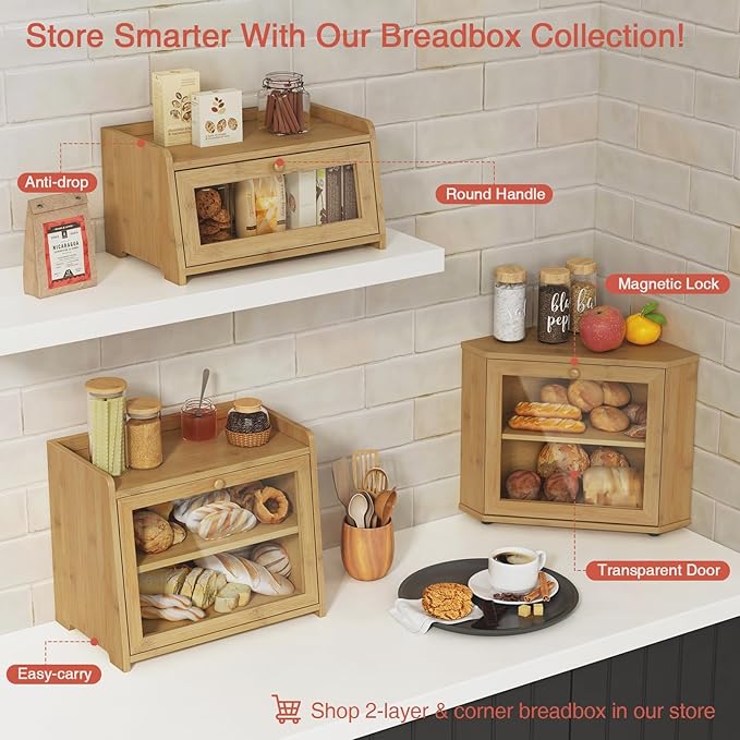 Wood Bread Box for Kithcen Countertop, Rustic Breadox Storage Container for Homemade Bread, Small Bread Keeper Holder Organizer with Window (Natural Bamboo)