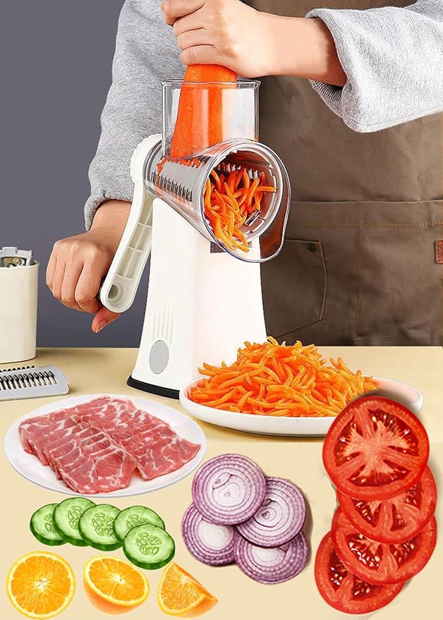 Rotary Cheese Grater Chopper Vegetable Cutter Slicer with Stainless Steel Drum Blades for kitchen, 5 in 1 Manual Round Mandoline Julienne Shredder Potato Grinder for Fruit, Nuts,Onion White