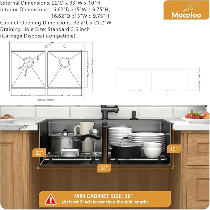 Mocoloo Black Drop In Kitchen Sink - 50/50 Black Drop In Double Bowl NANO-PVD 16 Gauge Stainless Steel Topmount Kitchen Sinks Handmade, 33''x22''x10''
