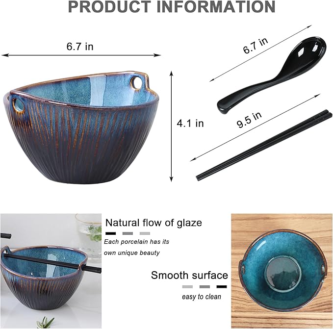 Ceramic Ramen Bowl with Chopsticks and Spoons Set, 6.7 Inch Noodle Bowl Set for Pho Udon Soba, Set of 2 (Sky Blue)