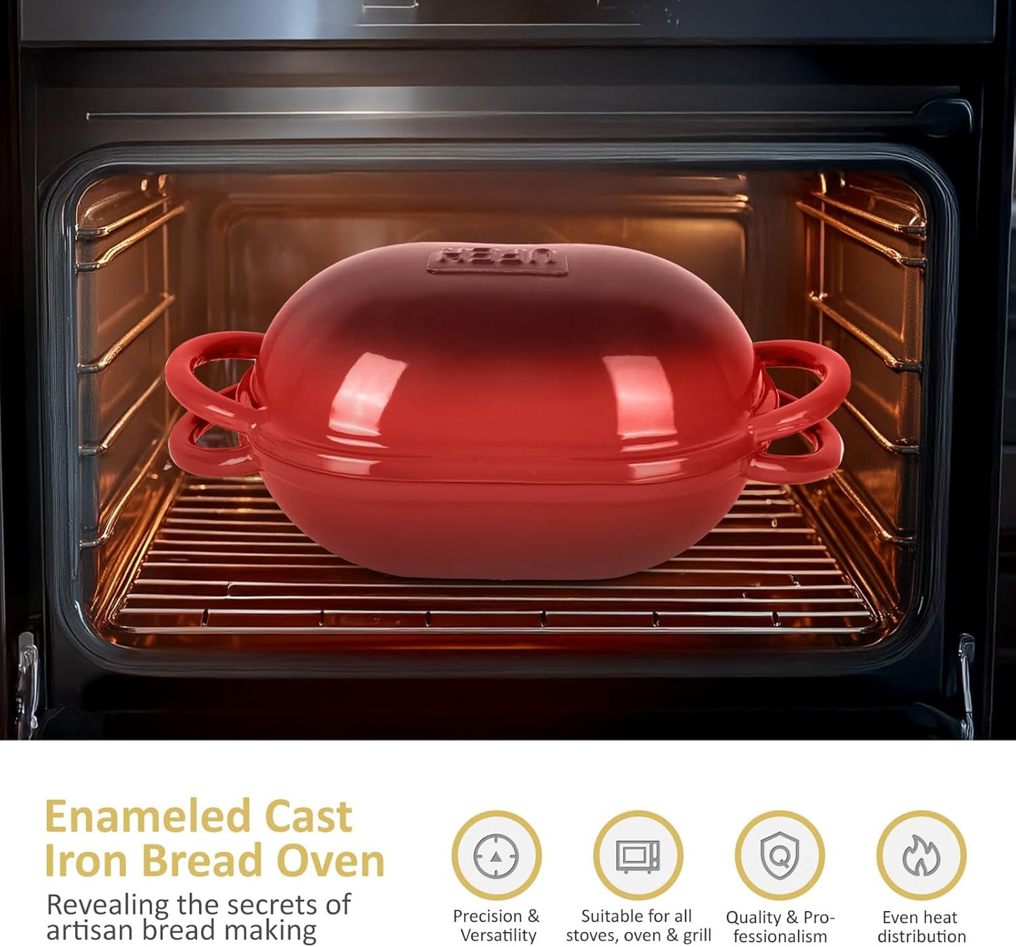 Dutch Oven for Bread Baking – Premium Cast Iron Pot with Lid – Perfect for Sourdough, Artisan Loaves & No-Knead Bread – 2 QT / 1.9L (Enameled, Round, Oven & Stovetop Safe), Red