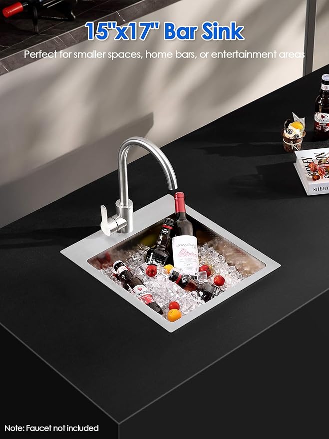 ROVOGO 15"x17"x8" Kitchen Bar Sink, 304 Stainless Steel, Drop-In Single Bowl with Anti-Scratch Honeycomb Surface, 1 Faucet Hole Top Mount Small Wet Bar Sink, Brushed Finish