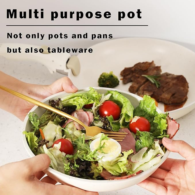 Non Stick Pot and Pan Set with Removable Handle, Ceramic Cookware Set Detachable Handle, Induction Kitchen Camping Stackable Pots Pans, Dishwasher/Oven Safe, Cream