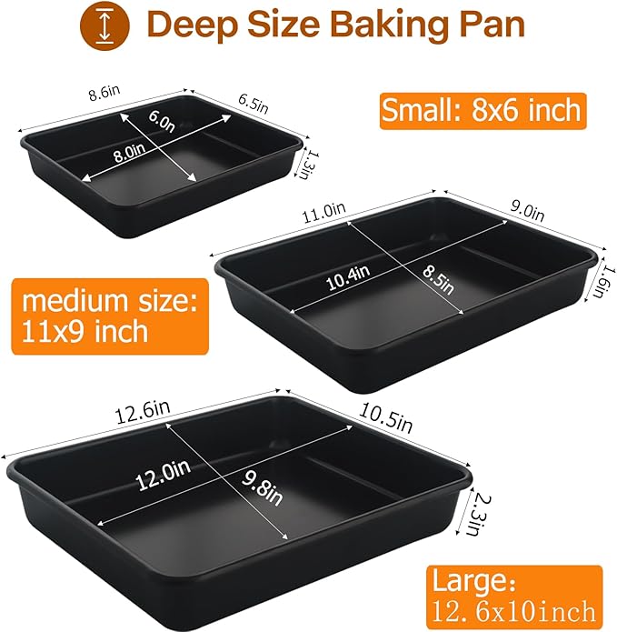 Rectangle Cake Pan, Deep Baking Pans Set Nonstick, 9/11/13 Inch, Heavy Duty Thickness Bakeware Roasting Tray for Toaster Oven, Thanksgiving Christmas Roast Turkey Pan, 3-Pack, Black