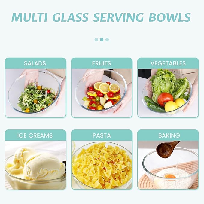 Luvan Glass Mixing Bowls with Lids Set(4.5QT, 2.7QT, 1.1QT)-Large Glass Mixing Bowls, Clear Salad Bowl for Baking, Cooking, Serving, Food Prep, 3PC Nesting Bowls for Kitchen Storage & Dishwasher Safe