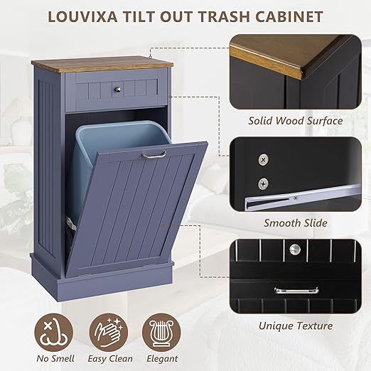 Tilt Out Trash Bin Cabinet Dog Proof Trash Can Holder Kitchen Island Without Garbage Bin or Tilt Out Laundry Hamper (Gray-Blue)