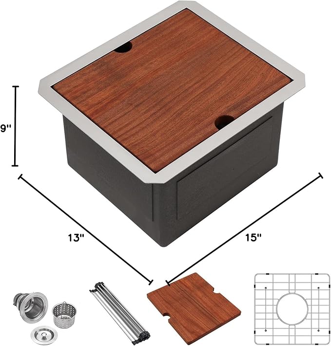 Lordear Undermount RV Kitchen Sink 13x15 Inch Bar Prep Sink 16 Gauge Stainless Steel Workstation Sink 13” With Cutting Board Small Kitchen Sink