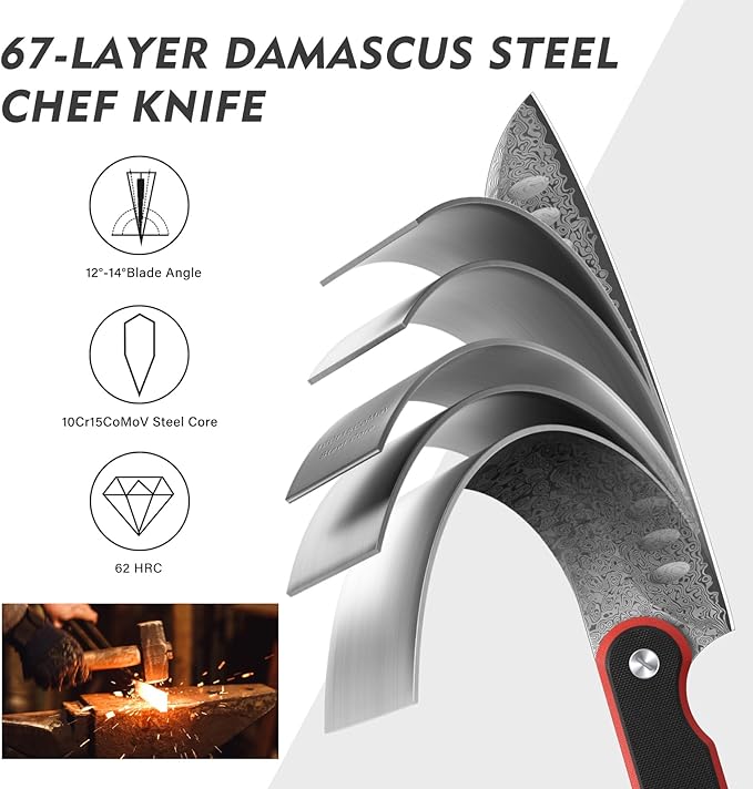 FINTISO Chef Knife 7 Inch Kitchen Knife, Sharp Santoku Knife 67-Layer Damascus Steel with 10Cr15CoMoV Steel Core, Professional Cooking Knife with Ergonomic Full Tang G10 Handle for Chopping Slicing