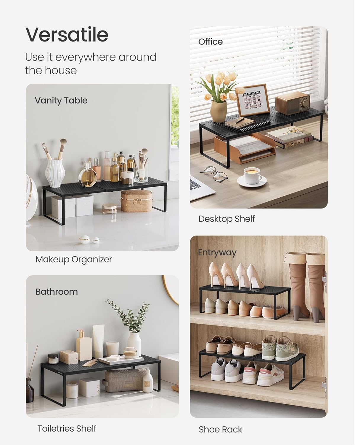 SONGMICS Expandable Pantry Kitchen Organizers, Adjustable Spice Rack, Stackable Cabinet Organizers, Metal, Space-Saving Tabletop Shelves, Matte Black UKCS007B01