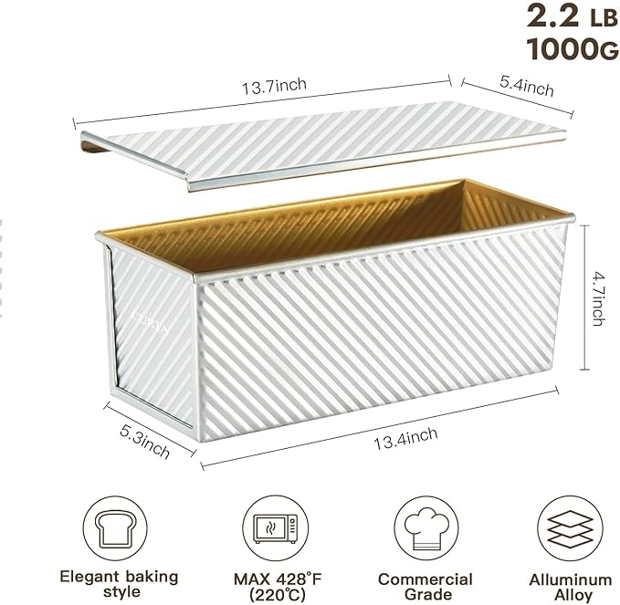 CURTA Commercial Pullman Loaf Pan with Lid 2.2 lb Dough Capacity Non-Stick Bakeware for Baking Bread Corrugated Bread Toast Box Mold Extra Large Loaf Pan Silver 2 pcs