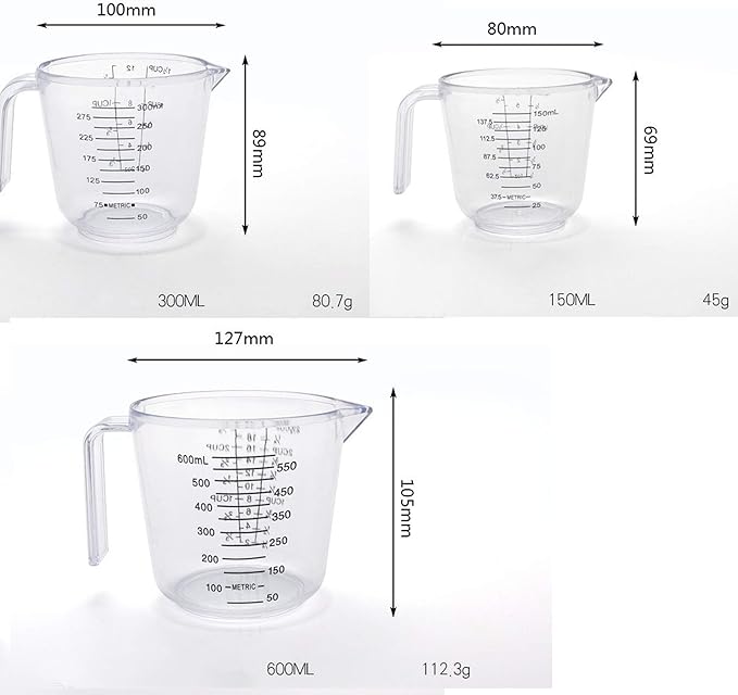 Plastic Measuring Cup Set, Kitchen Cooking and Baking Seasoning Liquid Measuring Cup, Multiple Scale Identification, with Handle and Triangle Mouth, 150ml, 300ml, 600ml, 3-piece Set (transparent)