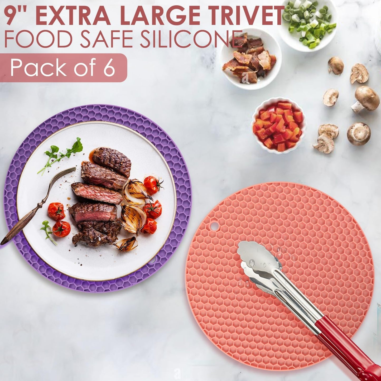 6 Pack Silicone Trivets for Hot Pots and Pans, 9" Colorful Silicone Trivet for Hot Dishes, Extra Large Non-Slip & Heat Resistant Hot Pads for Kitchen Counter(Colors)