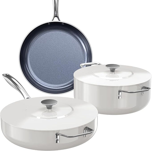 Nuwave Essential Series 5PC Ceramic Cookware Set PFAS-Free, G11 Duralon Blue Coating, Pots and Pans Set Non Stick, Diamond Scratch-Resistant,Stay-Cool Handle, Metal Lid,Induction Ready,Dishwasher Safe