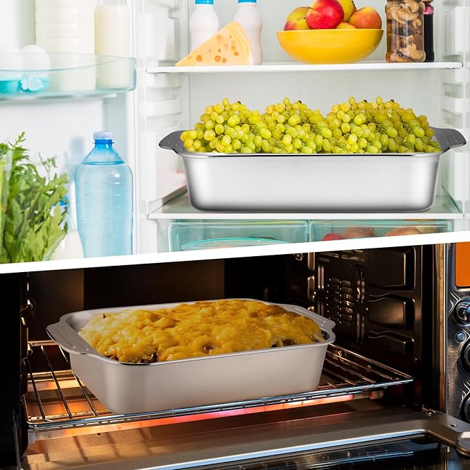 2 Pcs Stainless Steel Deep Baking Pans for Oven Rectangle Cake Pan Bakeware for Fish Cakes Breads Casseroles Vegetables Dishwasher Safe, 13 x 9 x 3. 35 Inch