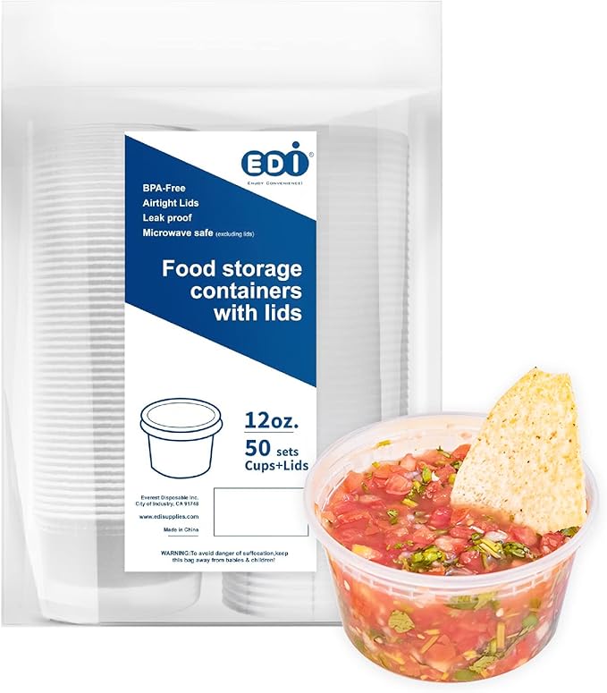 EDI [12 OZ, 50 Sets] Plastic Deli Food Storage Containers with Airtight Lids | Microwave-, Freezer-, Dishwasher-Safe | BPA Free | Heavy-Duty | Meal Prep | Leakproof | Recyclable