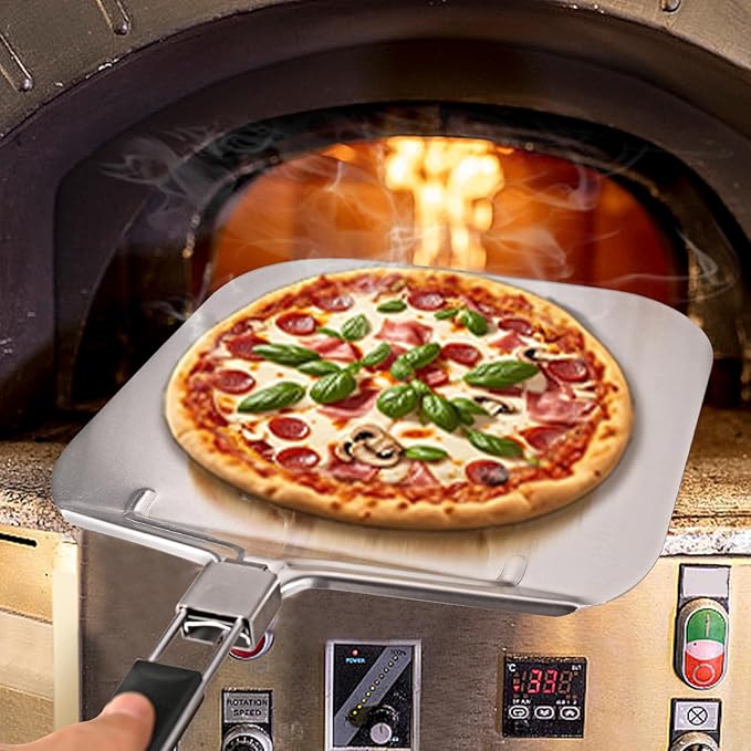 MANJIA Pizza Peel 13 inch, Pizza Paddle with Cutter Rocker Set (12.6"x 16.5") Metal Pizza Peel with Foldable Handle, Pizza Spatula Paddle for Indoor & Outdoor Ovens Homemade Pizza Making Kit