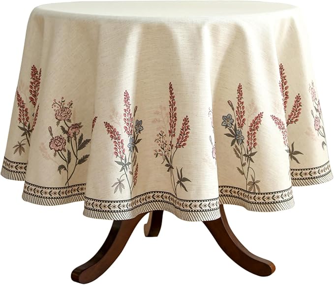 French Tablecloth for Round Tables,Linen Table Cloth with Colorful Flowers Pattern,Heavy Durable Table Cover for Dining Thanksgiving Kitchen Decor Party Christmas,Diameter 55"