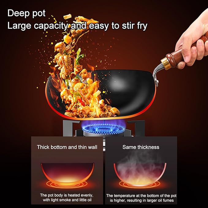 Carbon Steel Wok Pan, 11" Woks & Stir-Fry Pans with Glass Lid Cookwares, Nonstick Wok Flat Bottom Small Handmade Chinese Wok For for All Stoves