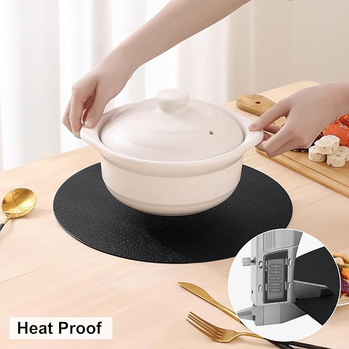 homing Round Faux Leather Placemat and Coaster 8 Packs, Washable Heat Resistant Dining Place Mats, Wipeable Double-Sided Table Mats for Indoor and Outdoor, Diameter 13 and 3.93 inch, Black