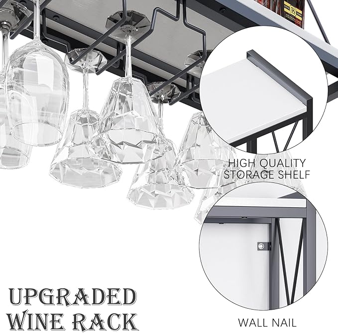 Dokser Wine Rack Wall Mounted Shelf - 2 Tier, Rustic Wood & Industrial Iron Frame Wine Bottle Holder for Kitchen, Dining Room, Home Bar Decor (White)