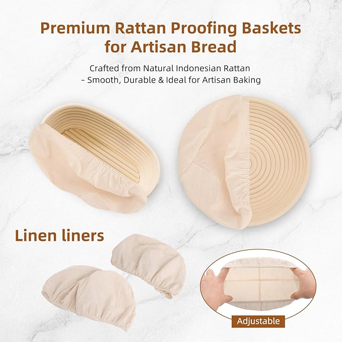 Sourdough Bread Proofing Basket Set, 9" Round & 10" Oval Proofing Baskets with Glass Starter Jar, Dough Whisk, Dough Cutter, Bread Sling & Complete Baking Kit