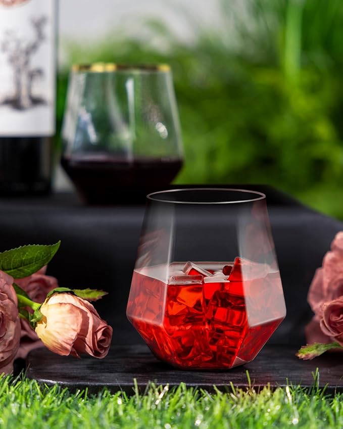 40 PCS Clear 12 Oz Plastic Wine Whiskey Glasses, Diamond Stemless Unbreakable Disposable Wine Glasses for Parties, Ideal for Weddings, Christmas, Halloween,Holidays,pool party,Daily Use