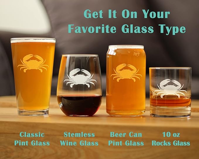 Crab Pint Glass for Beer - Beach Themed Decor and Gifts for Ocean Lovers - Engraved Silhouette - 16 Oz Glasses
