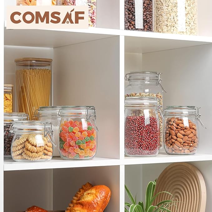 ComSaf 25oz Airtight Glass Canisters with Lids Set of 6, Round Food Storage Jar Container with Clamp Lids for Kitchen Canning Cereal Coffee Pasta Sugar Beans Spice, Clear Mason Jars with 12 Labels