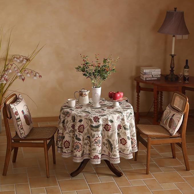 French Tablecloth for Round Tables,Linen Table Cloth with Red Flowers Pattern,Heavy Durable Table Cover for Dining Thanksgiving Kitchen Decor Party Christmas,Diameter 67"