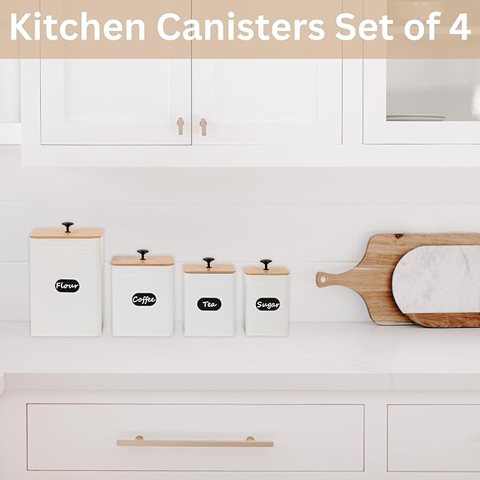 PERFNIQUE Kitchen Canisters, Airtight Canister Sets for Kitchen Counter, Kitchen Canisters for Countertop Set of 4, Coffee Tea Sugar Flour Spice Tin Jars Food Storage Container with Lid(White)