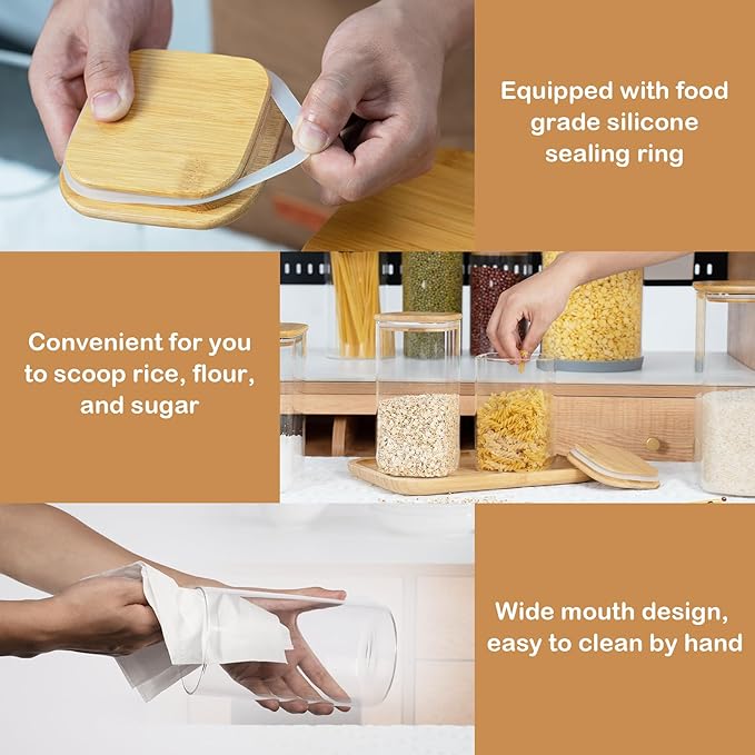 156oz 52oz Airtight Glass Square Storage Canister with Bamboo Lid Set of 2(4600ml*1 1550ml*1) Large Gallon Glass Jars for Sugar, Flour, Cookies and Coffee beans (‎with Black Lable)